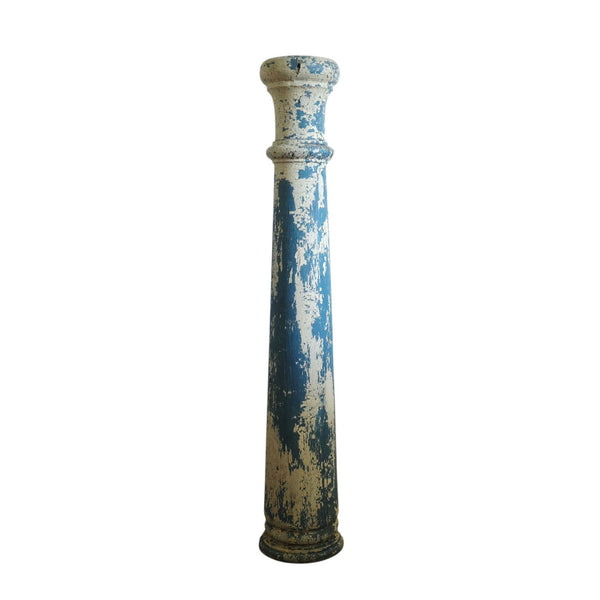 Antique Wood Pedestal Column In Blue & White Paint
