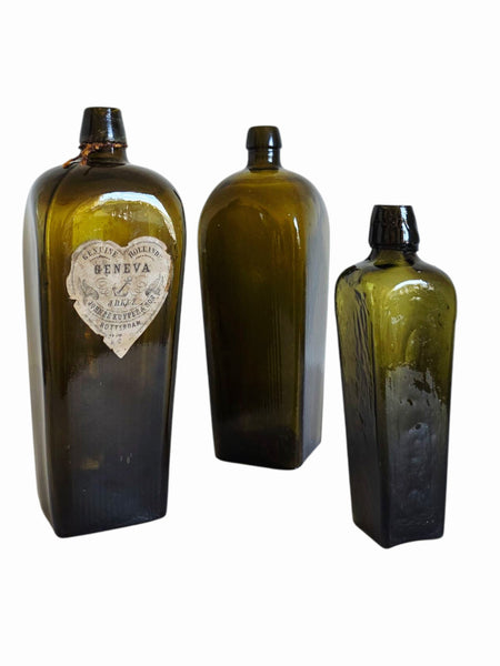 Trio Of Antique Dutch Green Gin Bottles Original Label