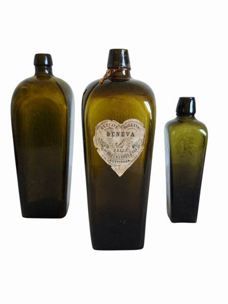 Trio Of Antique Dutch Green Gin Bottles Original Label