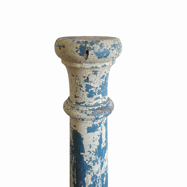Antique Wood Pedestal Column In Blue & White Paint