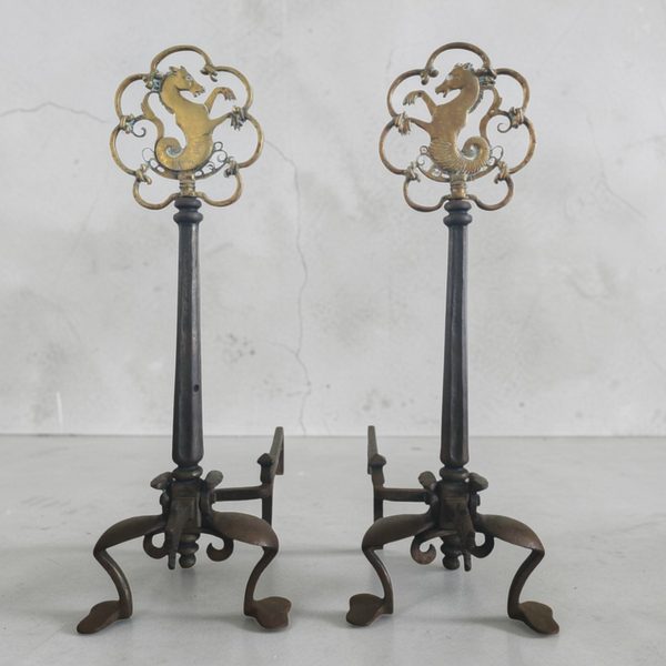 Oscar Bach Antique Seahorse Andirons & Fireplace Screen