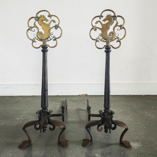 Oscar Bach Antique Seahorse Andirons & Fireplace Screen