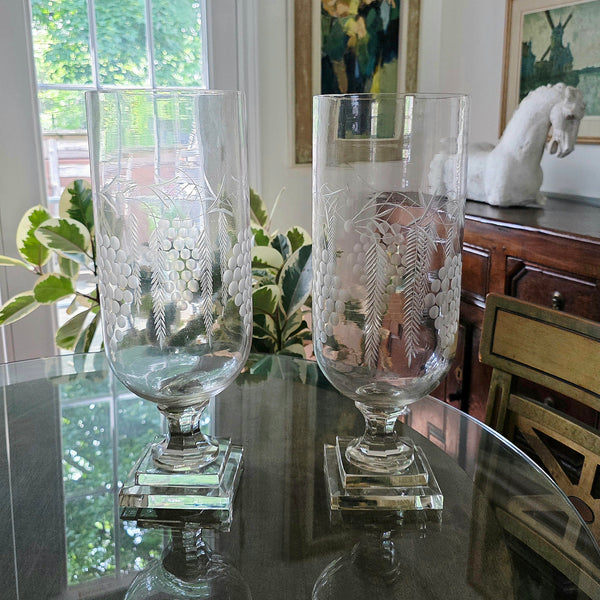 Four Antique Etched Tall Footed Hurricane Lamps Fern & Grapes