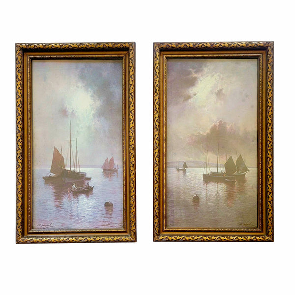 Antique Pair Of Moody Nautical Prints Under Moonlight