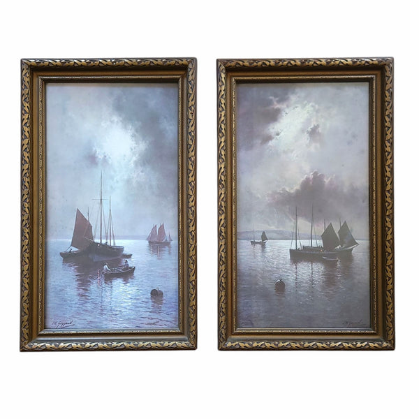 Antique Pair Of Moody Nautical Prints Under Moonlight