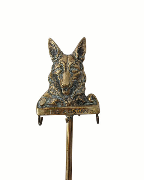 English Brass Alsatian Fireplace Tool Holder