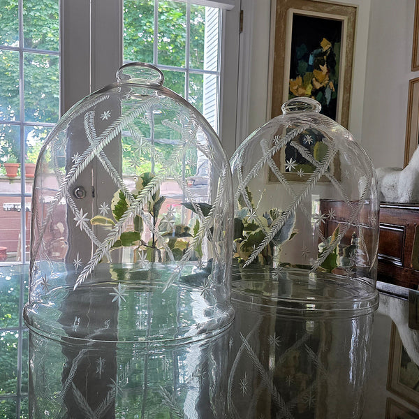 Vintage Hand Blown Glass Cloches Pair With Ferns & Stars