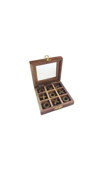 Vintage Wood & Brass X's & O's In A Box Game