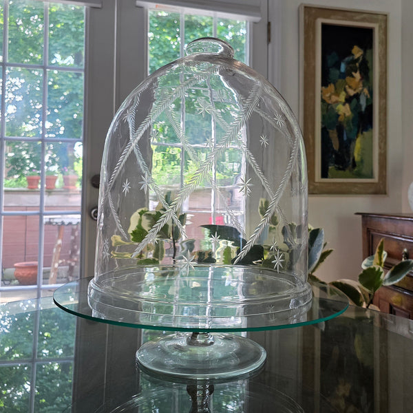 Vintage Hand Blown Glass Cloches Pair With Ferns & Stars