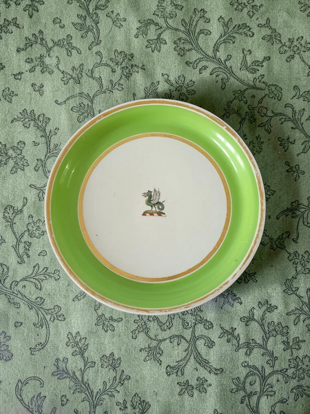 Antique Chamberlain China Cake Plate Apple Green & Whie With Armorial Wyvern