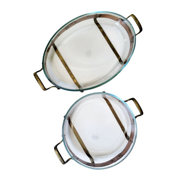 Nils Johan Mid-Century Copper & Brass Serving Stands With Pyrex Glass Dish Inserts