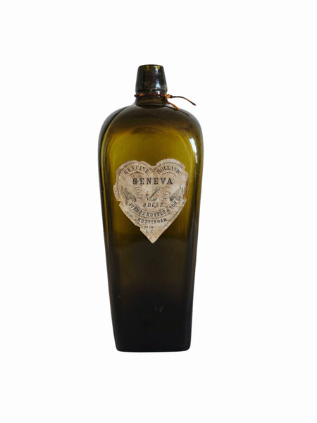 Trio Of Antique Dutch Green Gin Bottles Original Label