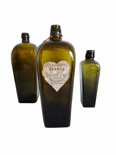 Trio Of Antique Dutch Green Gin Bottles Original Label