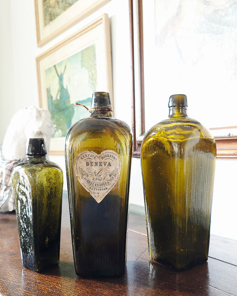 Trio Of Antique Dutch Green Gin Bottles Original Label