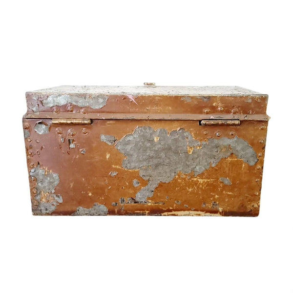 Industrial Primitive Antique Metal Trunk In Mustard Paint