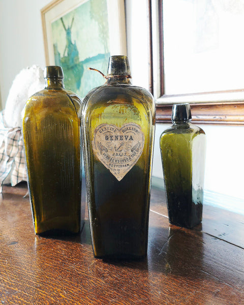 Trio Of Antique Dutch Green Gin Bottles Original Label