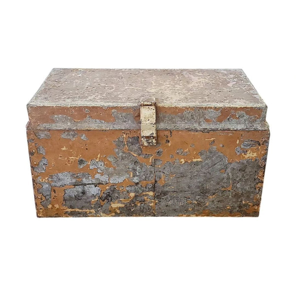 Industrial Primitive Antique Metal Trunk In Mustard Paint