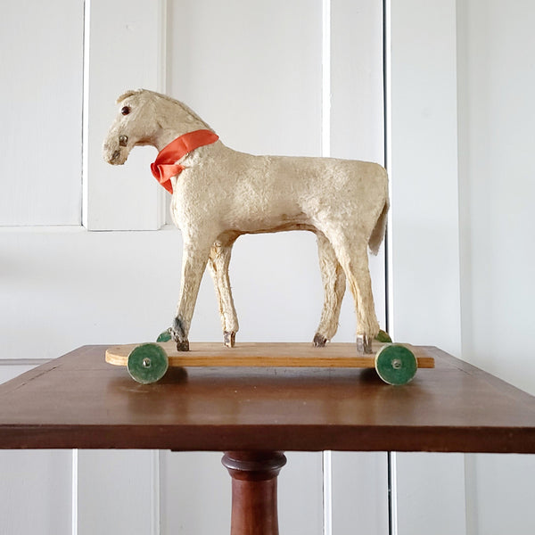 Antique Toy Horse On Wood Base With Wheels