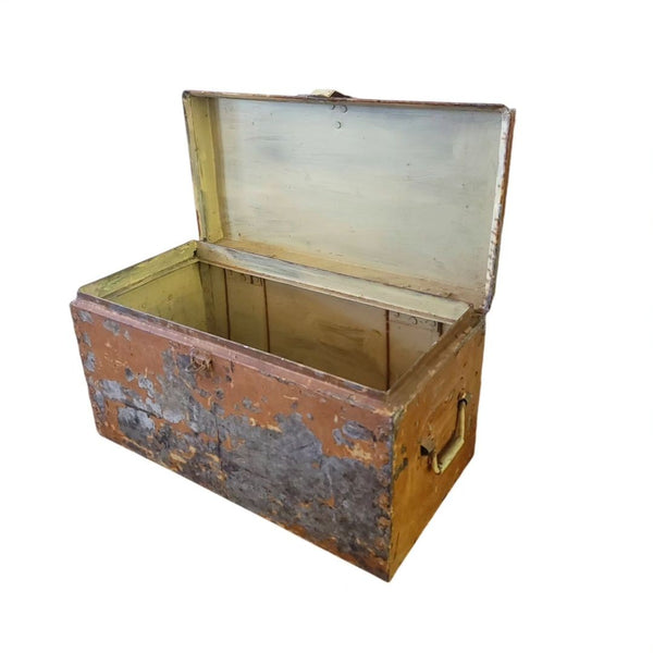 Industrial Primitive Antique Metal Trunk In Mustard Paint