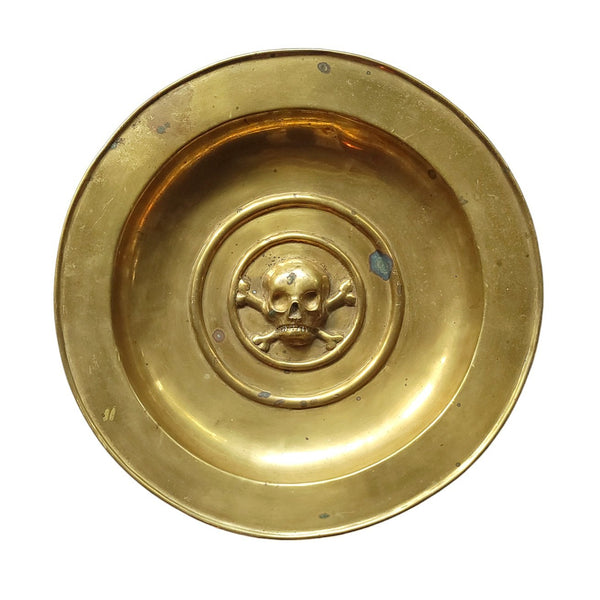 Antique Brass Shallow Dish With Skull & Crossbones Momento Mori Dutch Netherlands Nuremberg