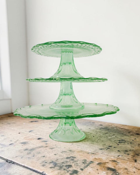 Pressed Green Glass Trio Of Cake Stands