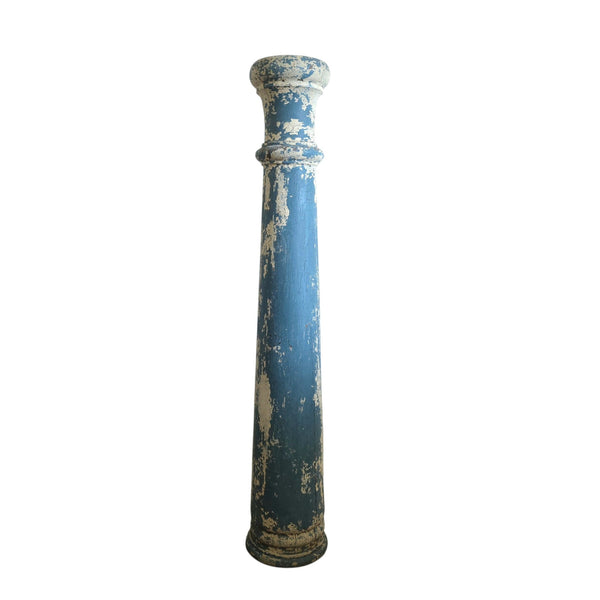 Antique Wood Pedestal Column In Blue & White Paint