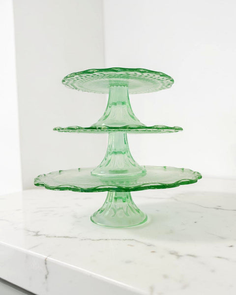 Pressed Green Glass Trio Of Cake Stands