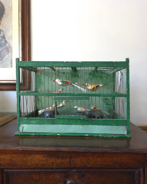 Vintage Green Wood & Metal Bird Cage