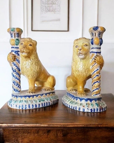 Pair of 19th Century Faience Lion Form Candlesticks
