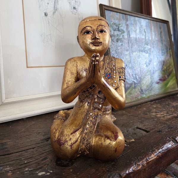 Antique Carved Giltwood Burmese Mandalay Figure Of Buddha's Disciple Moggallana