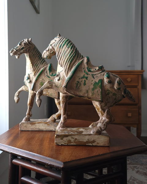 A Pair Of Caparisoned Tang Dynasty Ceramic Horses In Sancai Glaze