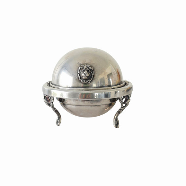 Footed Silver Condiment Butter Or Caviar Holder With Lion Detail