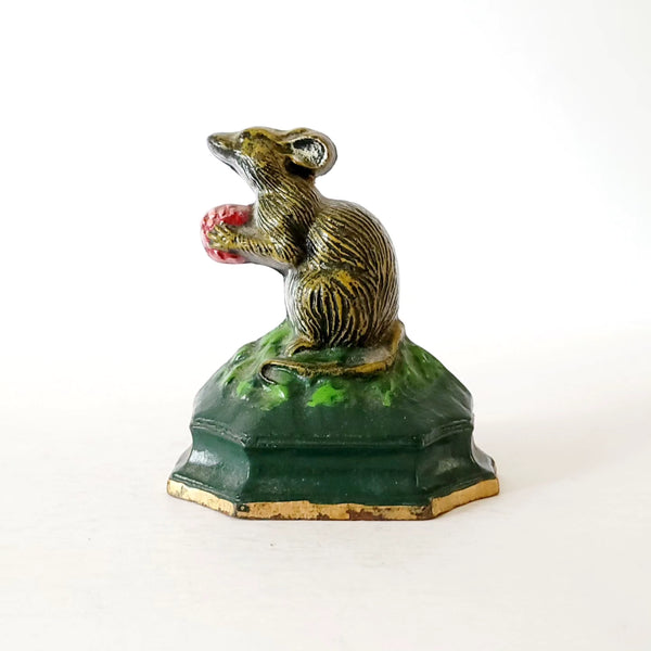 Vintage Painted Cast Metal Mouse With Strawberry