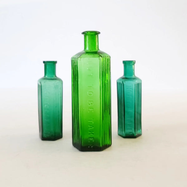 Trio Of Antique Green Poison Bottles