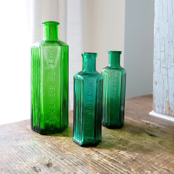 Trio Of Antique Green Poison Bottles
