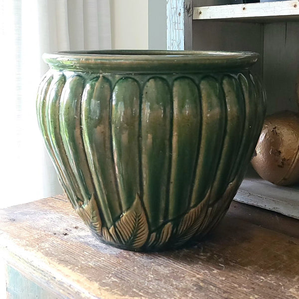 Green Glazed Nice Sized Ceramic Cache Pot Jardiniere