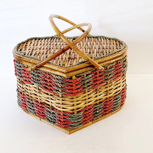 Vintage Wicker & Rope Heart Picnic Storage Basket