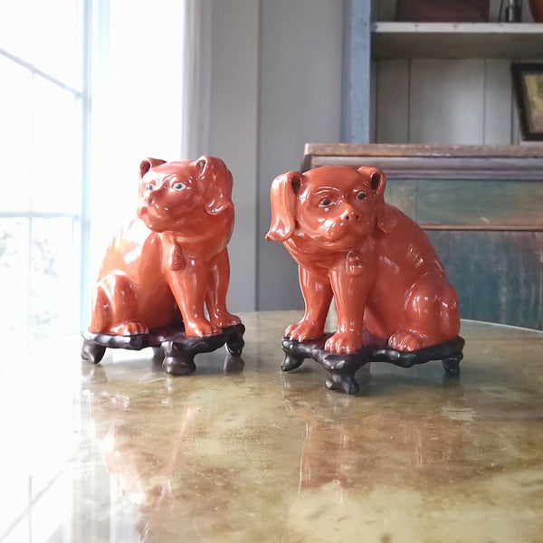Chinese Models Of Porcelain Glazed  Dogs With Wood Bases