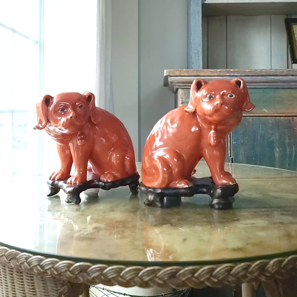 Chinese Models Of Porcelain Glazed  Dogs With Wood Bases