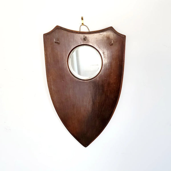 Antique Shield Form Mirror With Round Glass & Three Key Hooks
