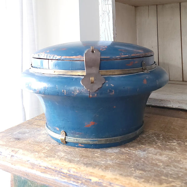 Antique Chinese Blue Wood Round Rice Box