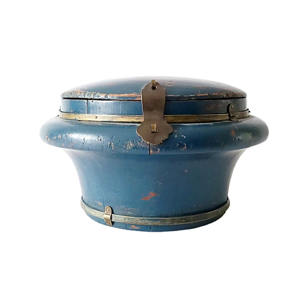 Antique Chinese Blue Wood Round Rice Box