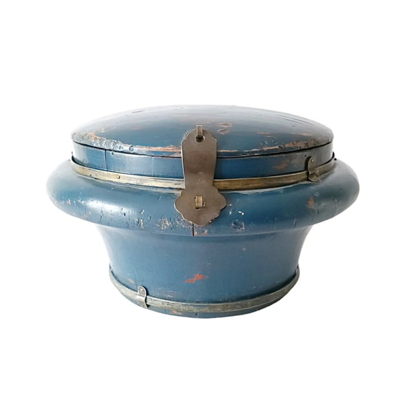 Antique Chinese Blue Wood Round Rice Box