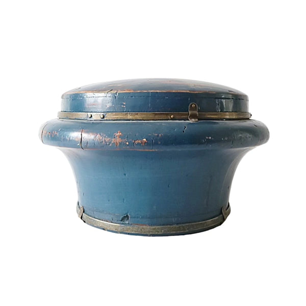 Antique Chinese Blue Wood Round Rice Box