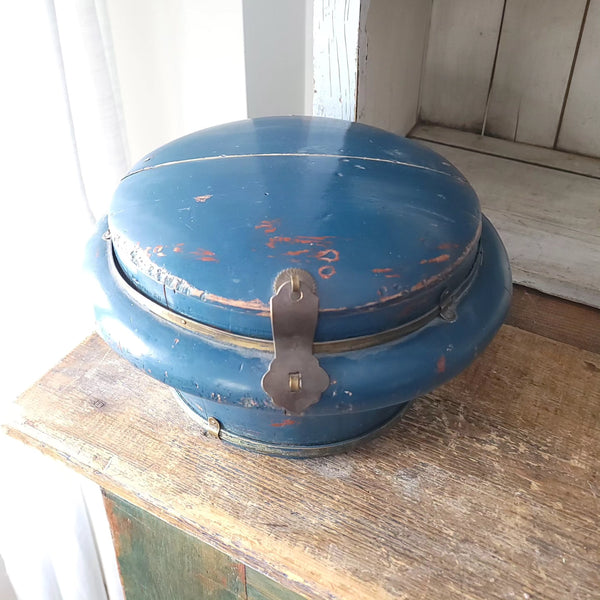 Antique Chinese Blue Wood Round Rice Box