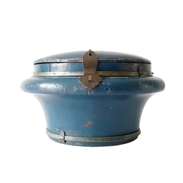 Antique Chinese Blue Wood Round Rice Box