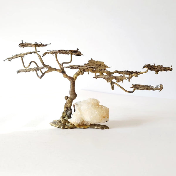 Mid-Century Brass & Quartz Crystal Bonsai Cypress Tree