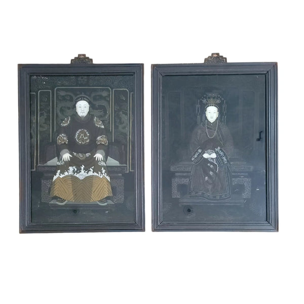 Antique Reverse Paintings On Glass Chinese Emperor & Empress