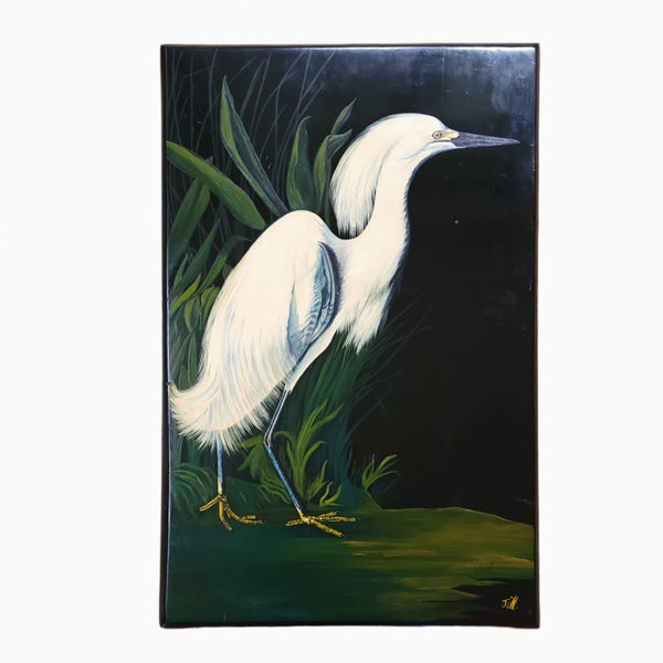 Snowy Heron After Audubon Oil On Wood Painting