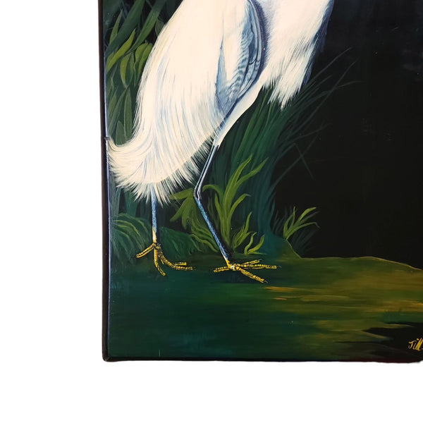 Snowy Heron After Audubon Oil On Wood Painting